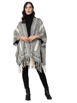 Mafadeny - Women Winter Wear Black & Off White Printed Stylish Poncho