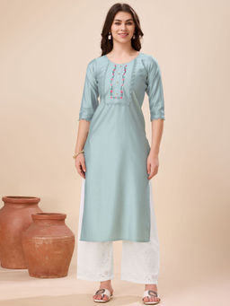 MOJILAA - Women's Grey Viscose Lace Work Embroidered Straight Kurta