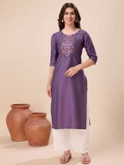 MOJILAA - Women's Mauve Viscose Sequined Embroidered Straight Kurta