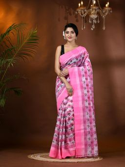 DESH BIDESH - Bengal Tant Bandhul Print Design Pure Handloom Pink Cotton Saree Without Blouse