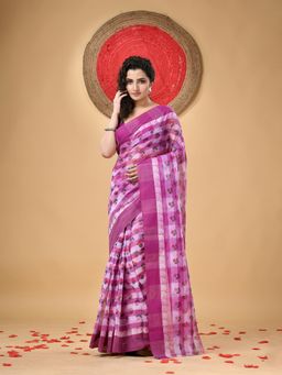 DESH BIDESH - Bengal Tant Bandhul Print Design Pure Handloom Wine Cotton Saree Without Blouse