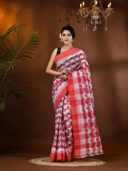 DESH BIDESH - Bengal Tant Bandhul Print Design Pure Handloom Red Cotton Saree Without Blouse