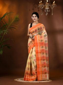 DESH BIDESH - Bengal Tant Tree Handloom Cotton Orange Woven Saree Without Blouse