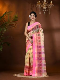 DESH BIDESH - Bengal Tant Tree Handloom Cotton Pink Woven Saree Without Blouse