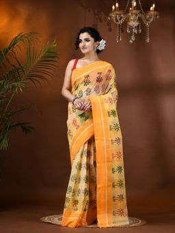 DESH BIDESH - Bengal Tant Tree Handloom Cotton Yellow Woven Saree Without Blouse