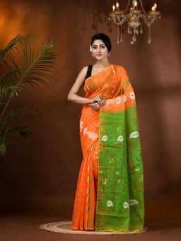 DESH BIDESH - Resham Dhaka Jamdani Cotton Handloom Aam Kolka Orange Saree Without Blouse