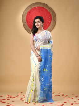 DESH BIDESH - Resham Dhaka Jamdani Cotton Handloom Aam Kolka Blue Saree Without Blouse