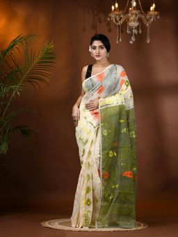 DESH BIDESH - Resham Dhaka Jamdani Cotton Handloom Aam Kolka Green Saree Without Blouse