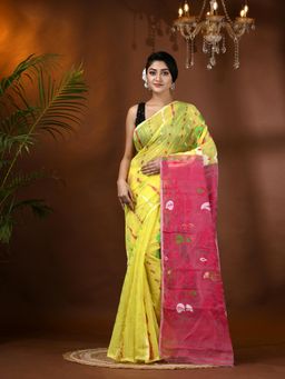 DESH BIDESH - Resham Dhaka Jamdani Cotton Handloom Aam Kolka Lime Yellow Saree Without Blouse