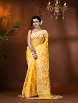 DESH BIDESH - Dhaka Alpana Paisley Kolka Yellow Handloom Saree Without Blouse