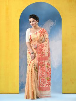 DESH BIDESH - Women Cream Dhaka Jamdani Champak Handloom Saree with Unstitched Blouse