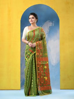 DESH BIDESH - Women Green Dhaka Jamdani Champak Handloom Saree with Unstitched Blouse