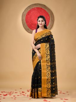 DESH BIDESH - Handloom Cotton Chakra Phool Black Saree with Unstitched Blouse
