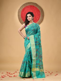 DESH BIDESH - Tant Cotton Silk Handloom Blue Floral Saree with Unstitched Blouse