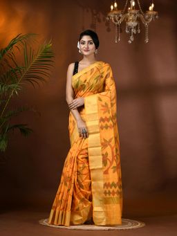 DESH BIDESH - Tant Cotton Silk Handloom Mustard Floral Saree with Unstitched Blouse