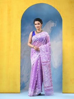DESH BIDESH - Women Dhaka Jamdani Purple Saree with Unstitched Blouse