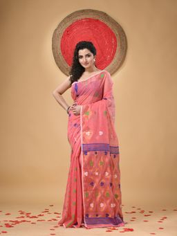 DESH BIDESH - Resham Dhaka Jamdani Cotton Handloom Pink Kohinoor Saree Without Blouse