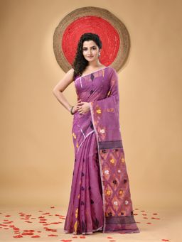 DESH BIDESH - Resham Dhaka Jamdani Cotton Handloom Lavender Kohinoor Saree Without Blouse