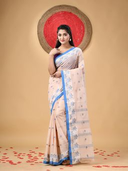 DESH BIDESH - Traditional Pure Handloom Cotton Leaf Woven Peach Saree Without Blouse