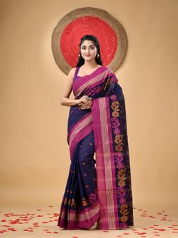 DESH BIDESH - Traditional Pure Handloom Cotton Floral Woven Navy Blue Saree Without Blouse