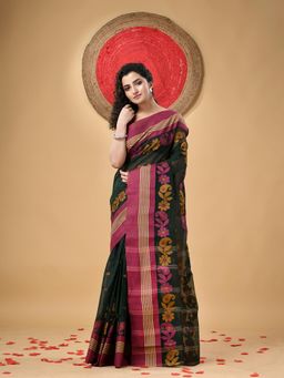 DESH BIDESH - Traditional Pure Handloom Cotton Floral Woven Green Saree Without Blouse