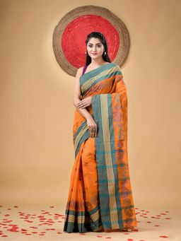 DESH BIDESH - Traditional Pure Handloom Cotton Floral Woven Orange Saree Without Blouse