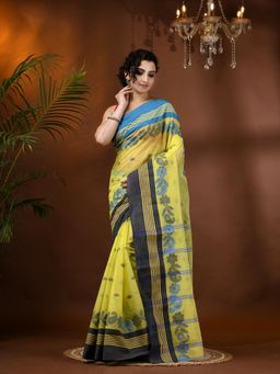 DESH BIDESH - Traditional Pure Handloom Cotton Floral Woven Yellow Saree Without Blouse