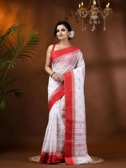 DESH BIDESH - Traditional Handloom Cotton White Woven Saree with Unstitched Blouse