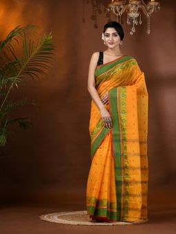 DESH BIDESH - Traditional Bengal Woven Handloom Cotton Mustard Saree Without Blouse