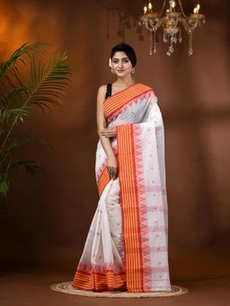 DESH BIDESH - Traditional Pure Handloom Cotton Mina Pyramid White Woven Saree Without Blouse