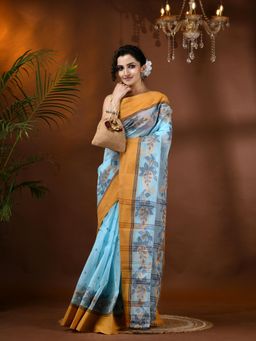 DESH BIDESH - Traditional Pure Handloom Cotton Padmashri Woven Blue Saree Without Blouse