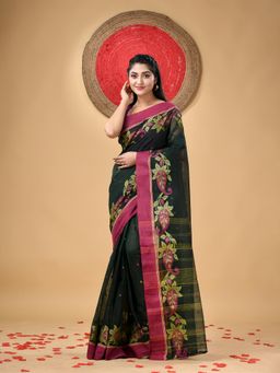 DESH BIDESH - Traditional Pure Handloom Cotton Padmashri Woven Green Saree Without Blouse