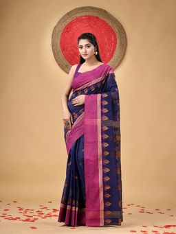 DESH BIDESH - Traditional Pure Handloom Cotton Padma Woven Navy Blue Saree Without Blouse