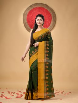 DESH BIDESH - Traditional Pure Handloom Cotton Padma Woven Green Saree Without Blouse