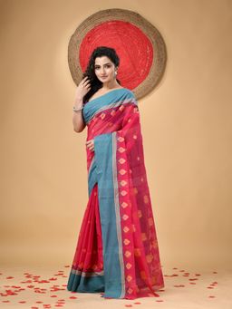 DESH BIDESH - Traditional Pure Handloom Cotton Padma Woven Red Saree Without Blouse