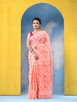 DESH BIDESH - Dhaka Jamdani Cotton Orange Handloom Saree with Unstitched Blouse