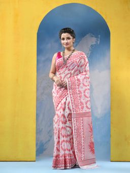 DESH BIDESH - Women Dhaka Jamdani Cotton Red Handloom Saree with Unstitched Blouse