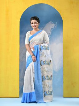 DESH BIDESH - Traditional Bengal Handloom Cotton Blue Sarees with Unstitched Blouse