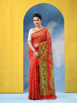 DESH BIDESH - Women Dhaka Jamdani Cotton Red Handloom Saree with Unstitched Blouse