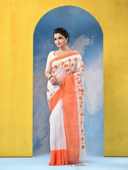 DESH BIDESH - Traditional Bengal Handloom Orange Sarees with Unstitched Blouse