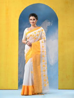 DESH BIDESH - Traditional Bengal Handloom Yellow Sarees with Unstitched Blouse