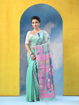 DESH BIDESH - Dhaka Jamdani Cotton Green Handloom Saree with Unstitched Blouse