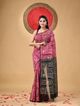 DESH BIDESH - Tribal Warli Print Handloom Pink Sarees with Unstitched Blouse