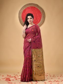 DESH BIDESH - Tribal Warli Print Handloom Dark Pink Sarees with Unstitched Blouse