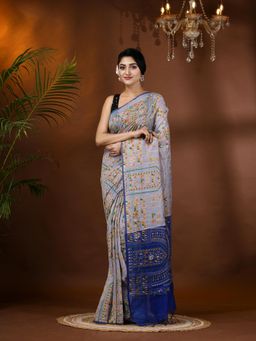 DESH BIDESH - Tribal Warli Print Handloom Blue Sarees with Unstitched Blouse