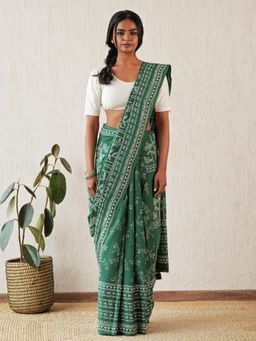 Sooti Syahi - Celestial Drift Hand Block Mul Cotton Green Saree with Unstitched Blouse