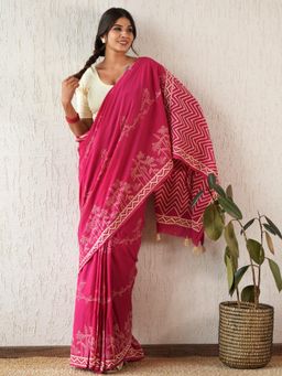 Sooti Syahi - Twilight Harmon and Block Mul Cotton Pink Saree with Unstitched Blouse