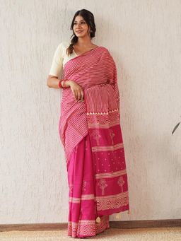 Sooti Syahi - Gilded Folklore Hand Block Mul Pink Cotton Saree with Unstitched Blouse