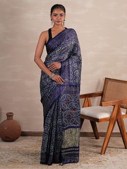 Sooti Syahi - Celestial Cascade Navy Blue Hand Printed Saree with Unstitched Blouse
