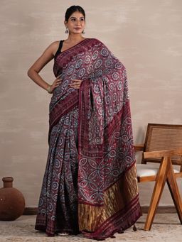 Sooti Syahi - Carmine Cascade Maroon Hand Printed Saree with Unstitched Blouse
